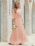 Abito da Damigella Donna Manica Lunga Scollatura a V Chiffon Abito da Cerimonia Matrimonio Festa 28018