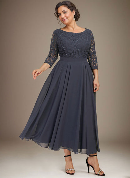 A-line Scoop Tea-Length Lace Chiffon Mother of the Bride Dress With Sequins