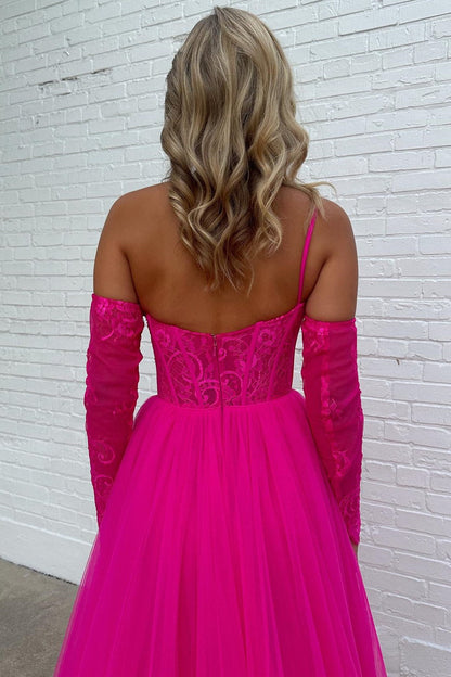 Vestido de fiesta de tul con encaje, corte A, un hombro y abertura