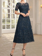 A-Linie, U-Ausschnitt, Illusion, knielang, Spitze, Kleid für die Brautmutter mit Pailletten