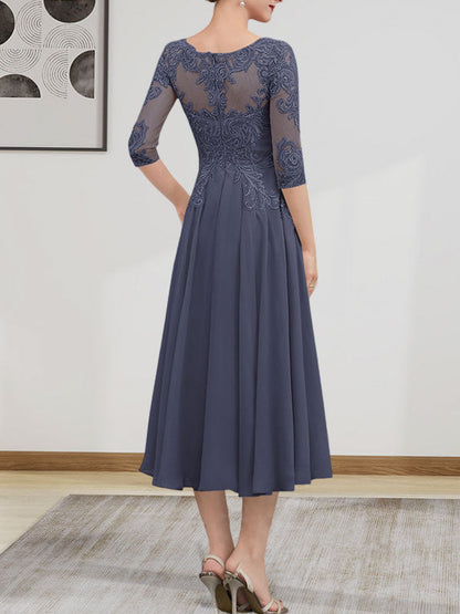 A-Linie, U-Ausschnitt, Illusion, knielang, Chiffon, Spitze, Kleid für die Brautmutter mit Perlen und Pailletten