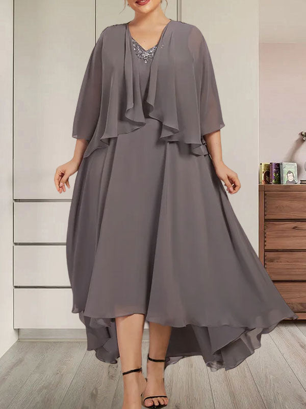 Robe de mère de la mariée en mousseline asymétrique à encolure en V et coupe trapèze avec perles et paillettes