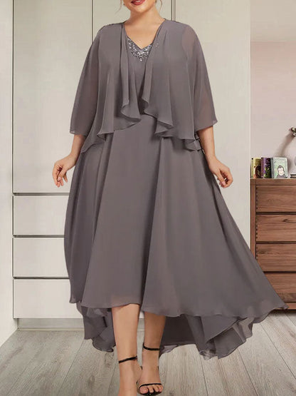 Vestido de gasa asimétrico para madre de la novia con escote en V, corte A y lentejuelas con abalorios