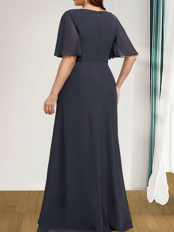 Robe de mère de la mariée en mousseline longueur au sol, en ligne A, décolleté arrondi, avec volants en cascade, perles et paillettes