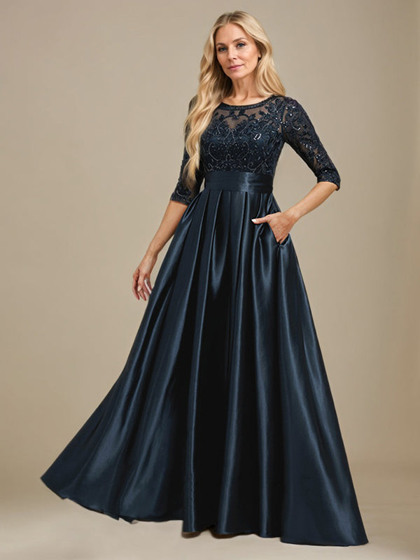 A-line Scoop Illusion Floor-Length Stretch Satin Lace Mother of the Bride Dress With Bow Sequins