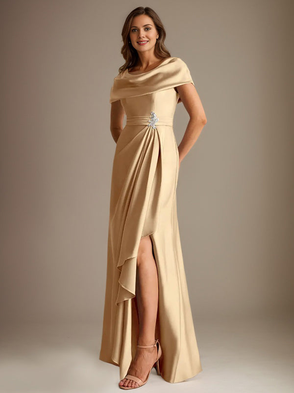 Robe de mère de la mariée en satin extensible, longueur au sol, coupe en A avec encolure dégagée et volants en cascade