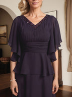 Robe de mère de la mariée en mousseline, longueur au sol, en ligne A, col en V, ornée de perles plissées