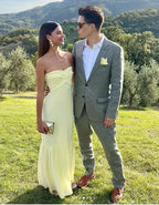 Vestido de noite amarelo fofo sem alças em chiffon com folhos, vestido sereia para baile Y7896