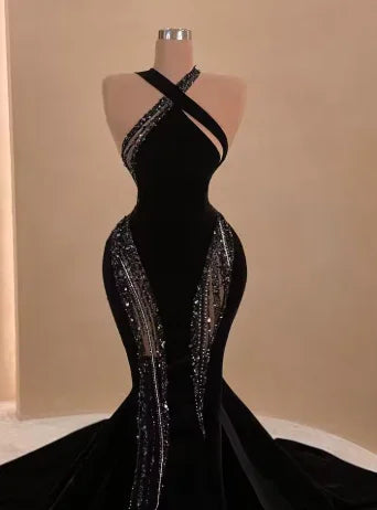 Sexy schwarzes Meerjungfrauen-Abendkleid mit Schleppe, schickes schwarzes Ballkleid Y4178