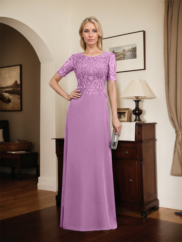 Robe de mère de la mariée en dentelle et mousseline, longueur au sol, en ligne A, décolleté en U, ornée de paillettes
