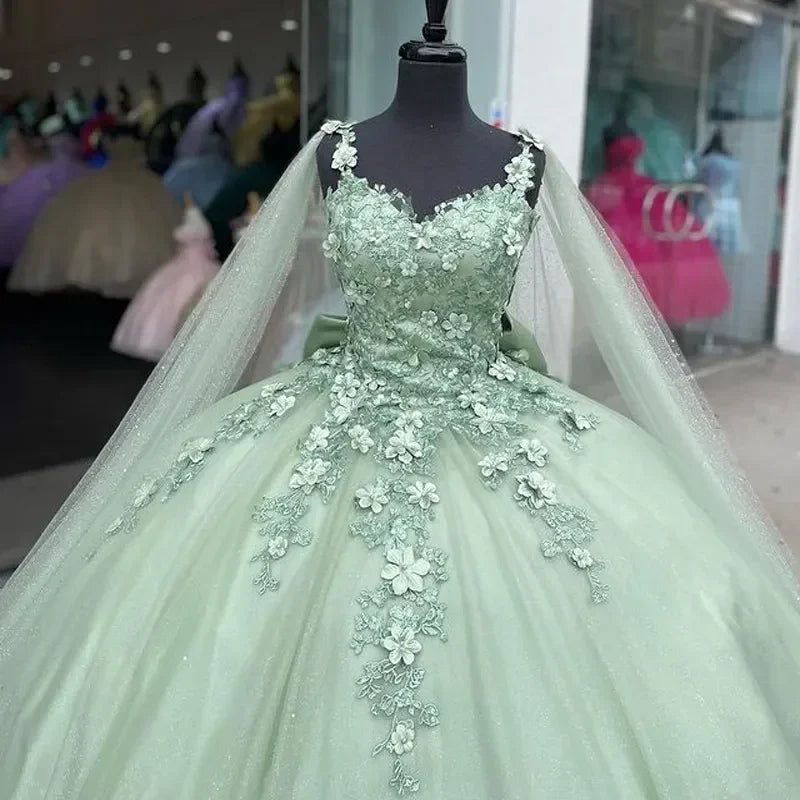 Abiti verde menta per Quinceañera con fiori tridimensionali, abito a palloncino per concorso e festa, vestito dolce 15 anni Y4481