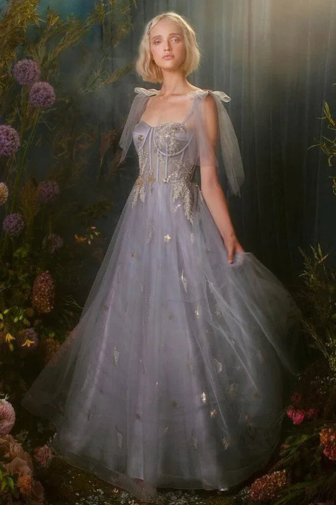 Abito da sera a linea A con applicazioni in tulle blu grigio Abito da ballo Y8341