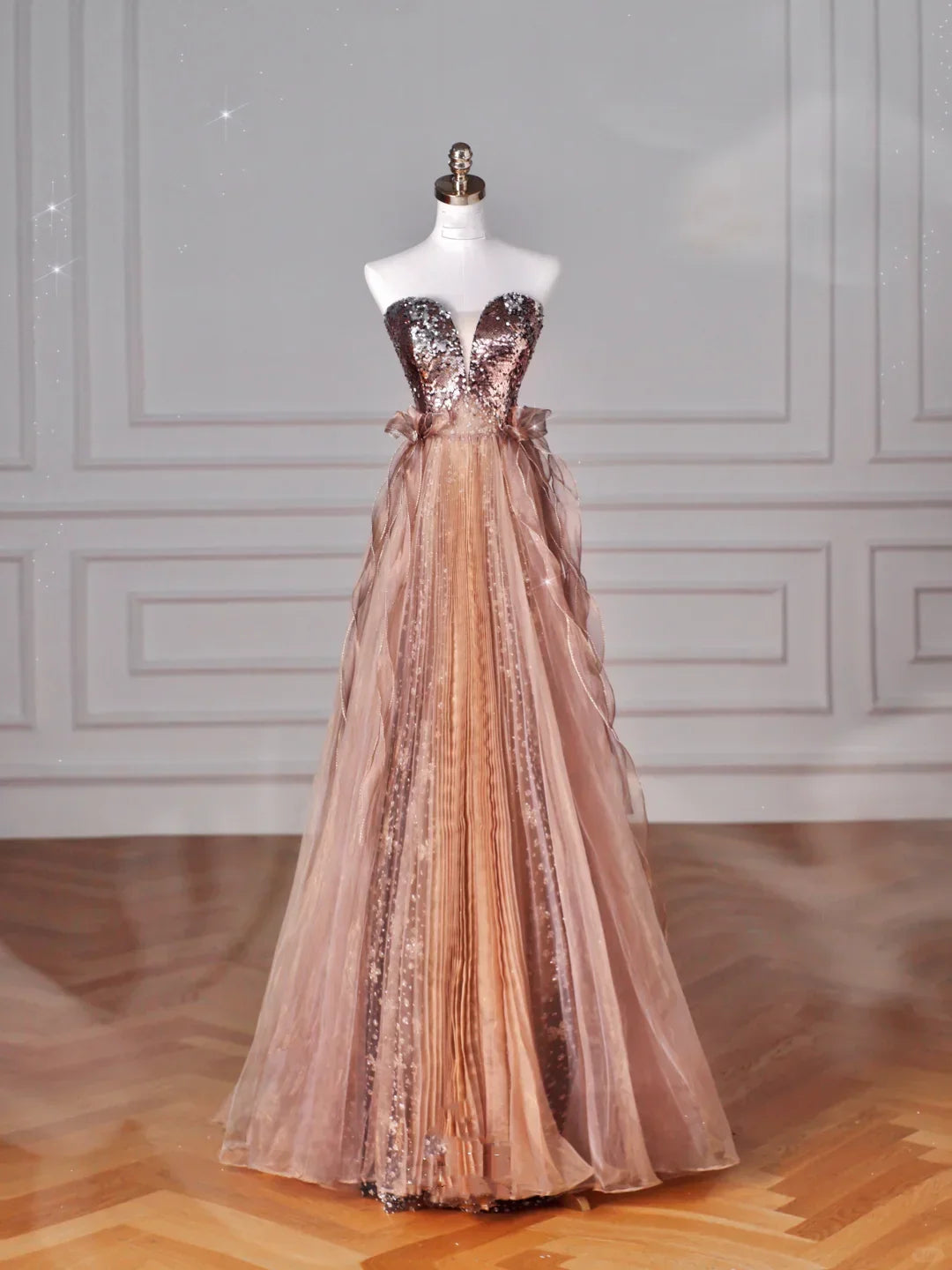 Abito da sera vintage senza spalline in tulle con paillettes e perline, linea a trapezio, colore oro rosa Y8622