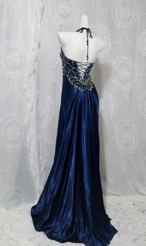 Abito da sera formale blu navy di lusso con perline e spacco Abito da ballo Y7723