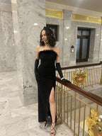 Robe de soirée noire élégante en plumes Robe de cérémonie noire fendue Y6391