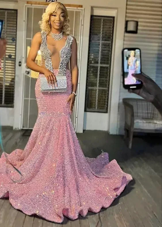 Abiti da ballo rosa scintillanti, abito da sera rosa sirena con paillettes seducenti per concorso di bellezza Y477