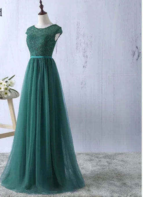 Green tulle lace top round neck long evening dresses simple formal dress S6796