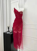 Abito da sera elegante in pizzo e tulle bordeaux Y8506