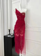 Abito da sera elegante in pizzo e tulle bordeaux Y8506