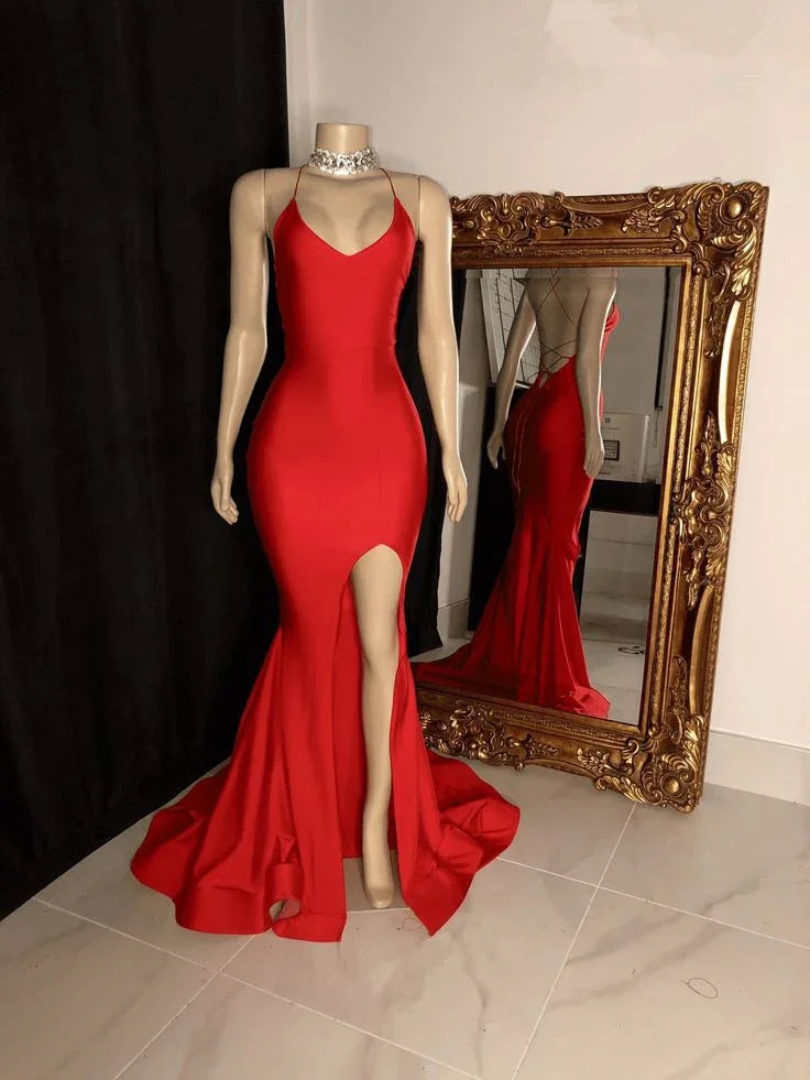Vestido Simples de Noite Vermelho Sereia com Fenda Y381