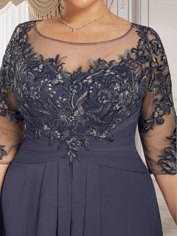 Robe de mère de la mariée en dentelle et mousseline, longueur au sol, ligne en A, décolleté en U avec volants en cascade