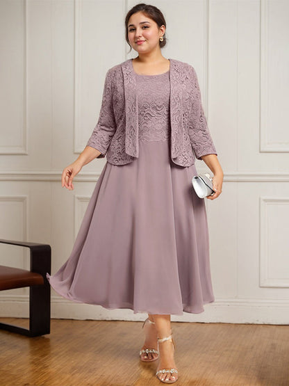 A-Linie U-Ausschnitt Wadenlang Chiffon-Kleid für die Brautmutter 