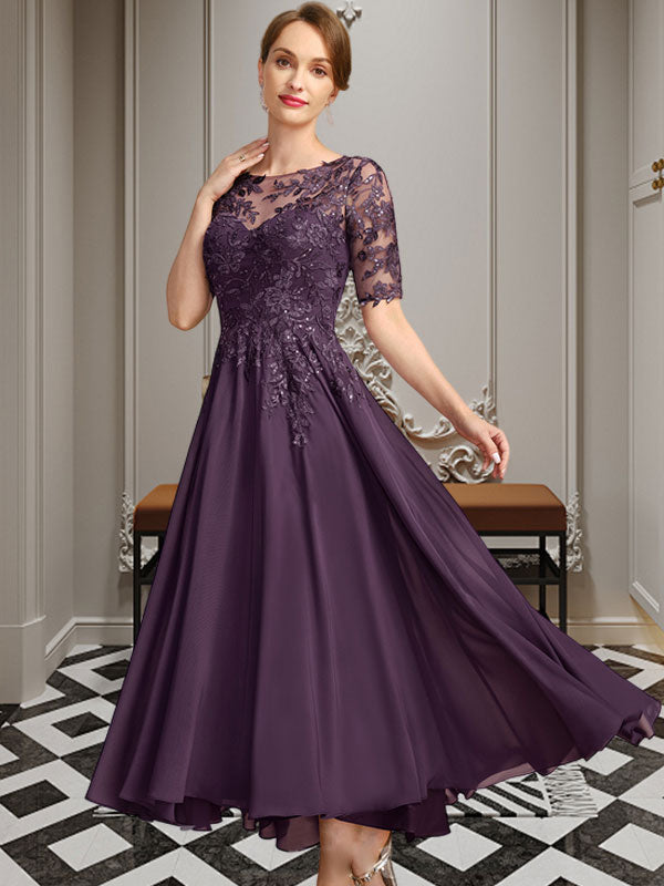 Robe de mère de la mariée en mousseline et dentelle asymétrique illusion à encolure dégagée, coupe en A, ornée de paillettes