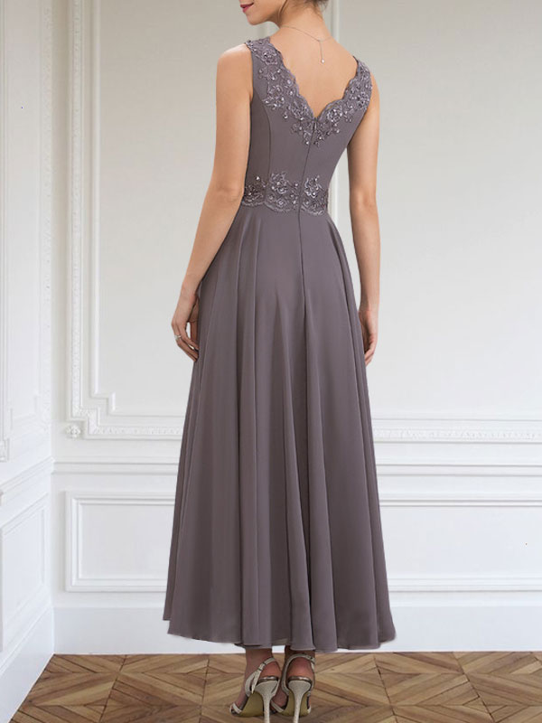 Robe de mère de la mariée en mousseline, ligne A, col en V, longueur cheville, ornée de paillettes, appliques en dentelle et perles