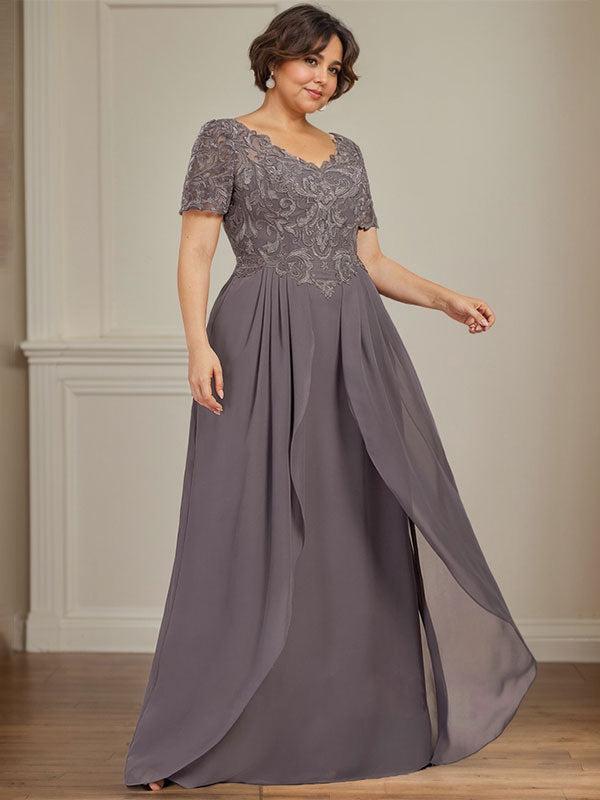 Robe de mère de la mariée en dentelle et mousseline, ligne A, col en V, longueur au sol