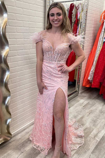 Mermaid Feather Off the Shoulder Lace Prom Dress