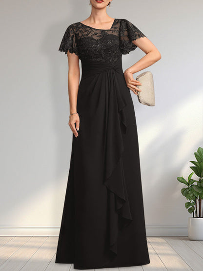 Vestido de madre de la novia de gasa con encaje, ilusión asimétrica, largo hasta el suelo, con volantes en cascada y lentejuelas. 