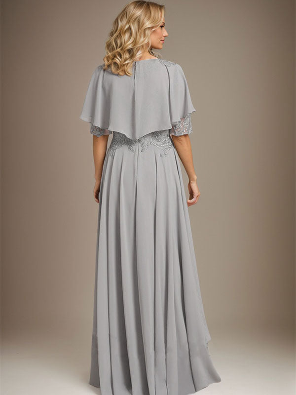 Robe de mère de la mariée en mousseline et dentelle asymétrique à encolure dégagée en ligne A avec perles