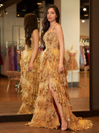 Goldene Prinzessin A-Linien Korsett-Abendkleid mit Spitzenvolants und schulterfreiem Ausschnitt