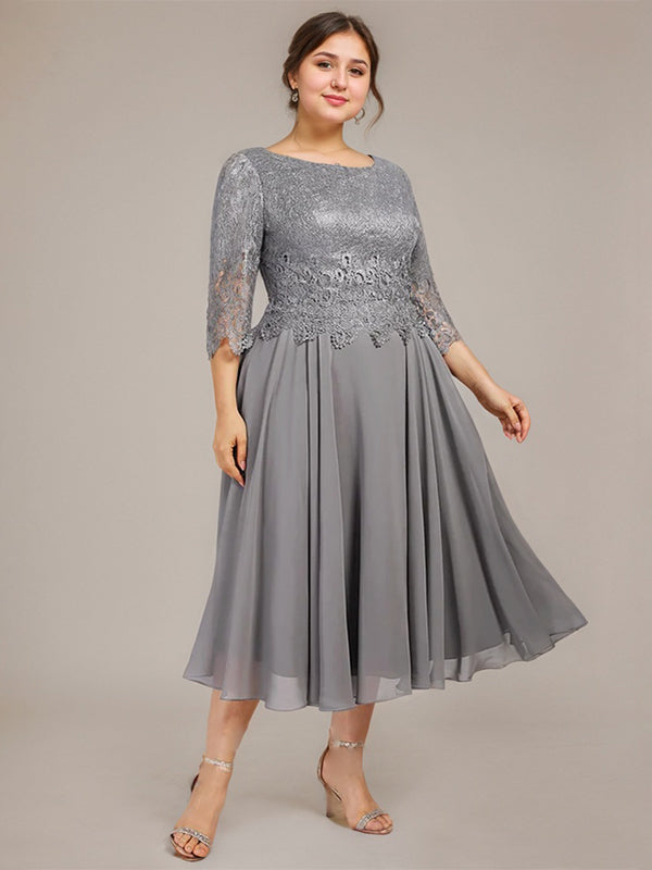 A-Linie U-Ausschnitt Wadenlang Chiffon-Kleid für die Brautmutter 