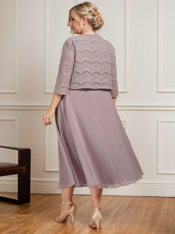 Robe de mère de la mariée en mousseline, longueur thé, en forme de A, décolleté arrondi avec plis