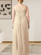Champagne A-Line Scoop Lace Chiffon Dress