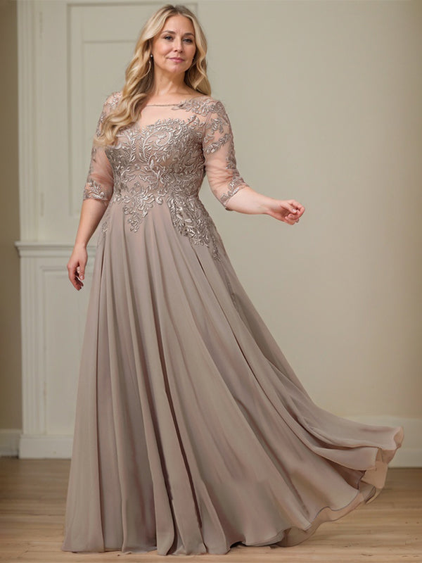 A-Linie, U-Ausschnitt, Illusion, bodenlanges Spitzen-Chiffon-Kleid für die Brautmutter mit Pailletten 