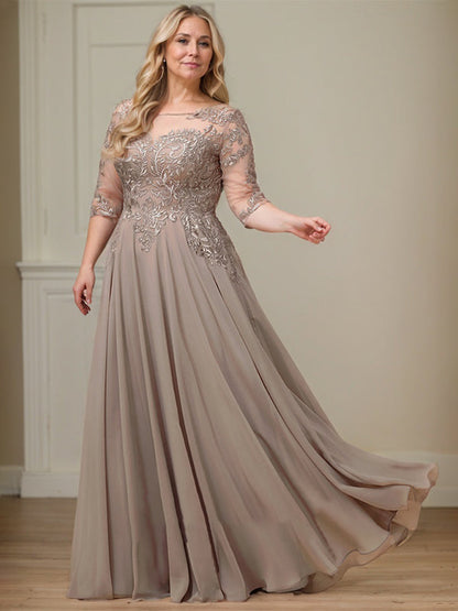 A-Linie, U-Ausschnitt, Illusion, bodenlanges Spitzen-Chiffon-Kleid für die Brautmutter mit Pailletten 