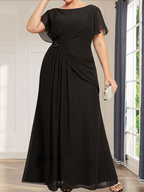 Robe de mère de la mariée en mousseline, longueur cheville, en ligne A, encolure dégagée, ornée de perles et plissée