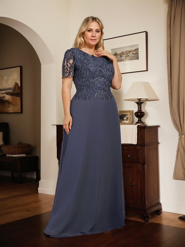 Robe de mère de la mariée en dentelle et mousseline, longueur au sol, en ligne A, décolleté en U, ornée de paillettes
