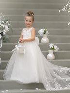 Sleeveless Princess Flower Girl Dress With Detachable Train And Beaded Lace