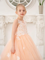 Elegant Sleeveless Tulle Flower Girl Dress With Applique Lace And Sweep Train