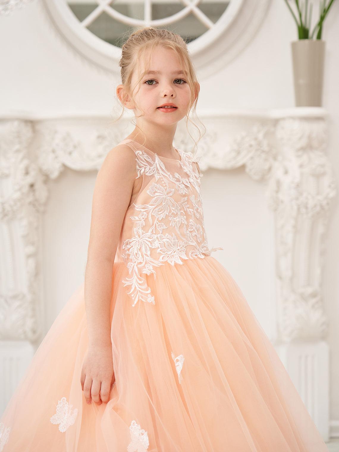 Elegant Sleeveless Tulle Flower Girl Dress With Applique Lace And Sweep Train
