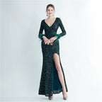 Ostrich Feather Cuff Sequined Fishtail Evening Dress with Side Slit