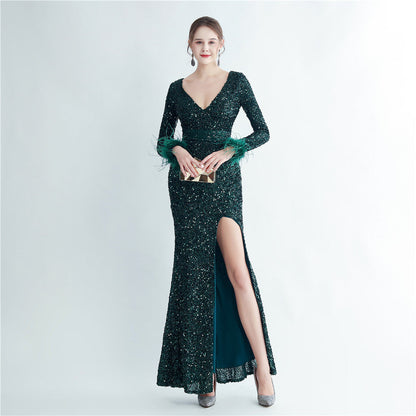 Ostrich Feather Cuff Sequined Fishtail Evening Dress with Side Slit