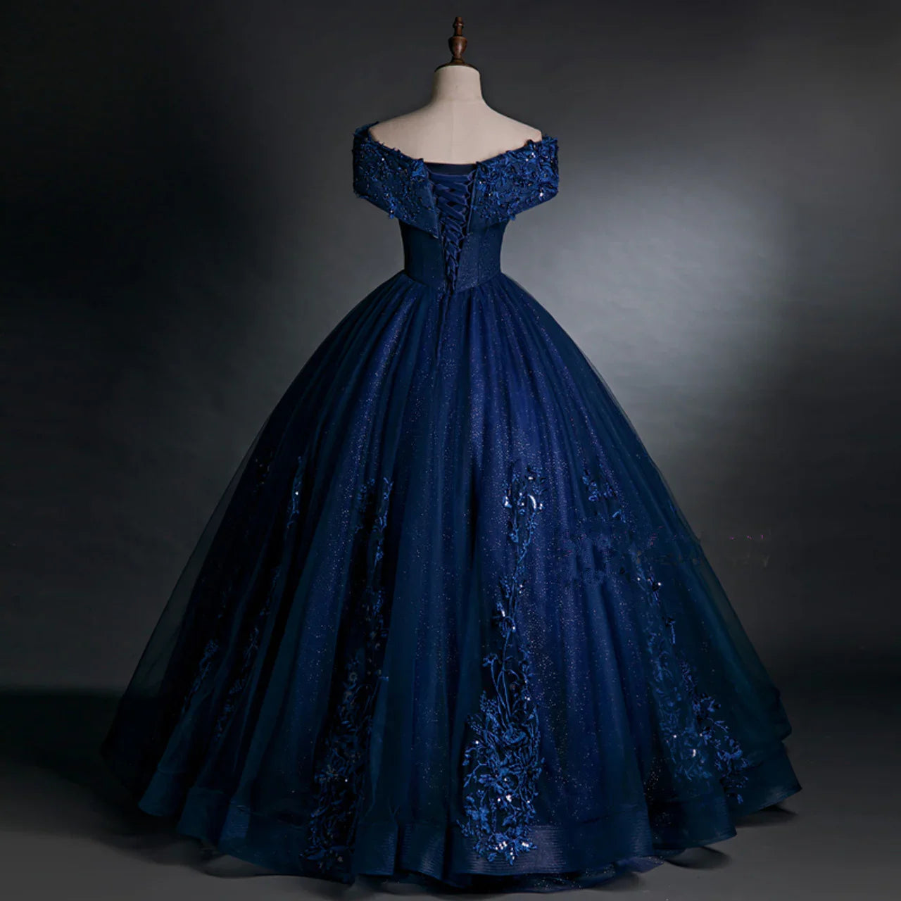 Wunderschönes marineblaues Kleid mit Perlenbesatz, Ballkleid, schulterfreies Abendkleid Y7677
