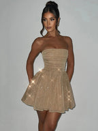 Abito da Donna Sleeveless a Doppio Strato in Tessuto Sexy con Zip Aderente, Balze Lucenti, Mini, Elegante per Serate, Party e Club