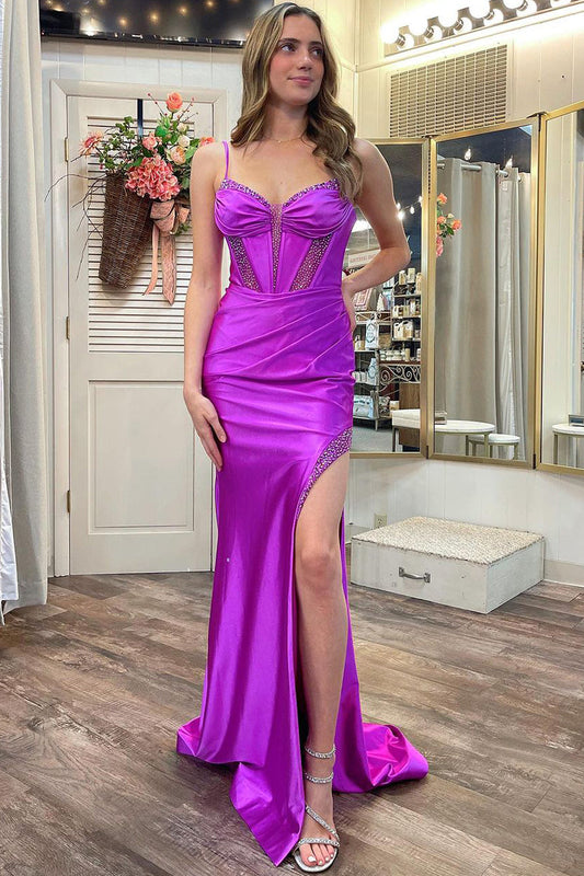 Vestidos de fiesta largos de sirena de satén con escote en forma de corazón y abertura en color morado