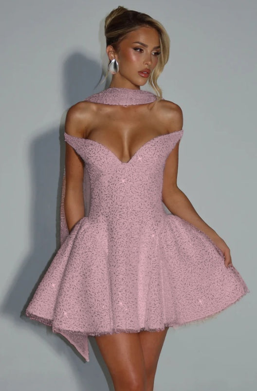 Off Shoulder Sequin Prom Dress Short A Line Custom Made