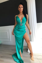Sexy Long Mermaid V-Neck Satin Evening Prom Dress With Split